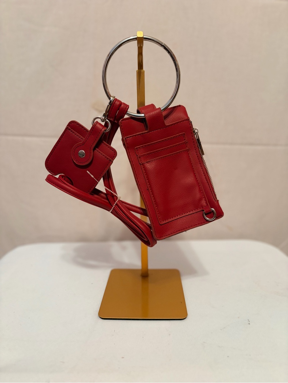 Red Leather Crossbody Card Holder with Coin Pouch